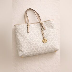 Michael Kors Monogram Jet Set Cream and Tan Signature Tote